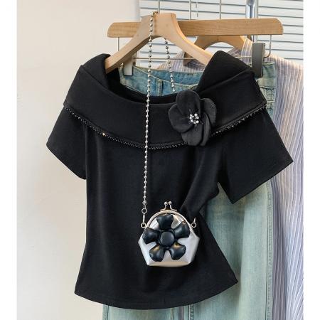 BY12956# 大码韩版时尚方领花朵短袖t恤女夏季气质显瘦荷叶边上衣 服裝批發女裝批發服飾貨源