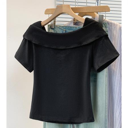 BY12956# 大码韩版时尚方领花朵短袖t恤女夏季气质显瘦荷叶边上衣 服裝批發女裝批發服飾貨源