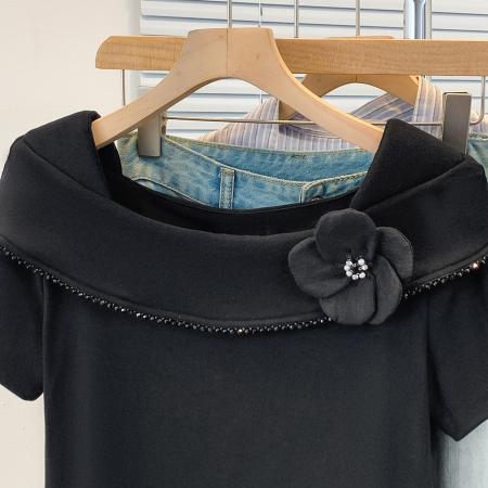 BY12956# 大码韩版时尚方领花朵短袖t恤女夏季气质显瘦荷叶边上衣 服裝批發女裝批發服飾貨源