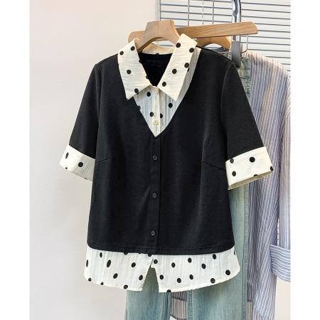 BY12957# 大码胖妹妹夏季新款复古波点时尚显瘦假两件针织衫上衣女 服裝批發女裝批發服飾貨源