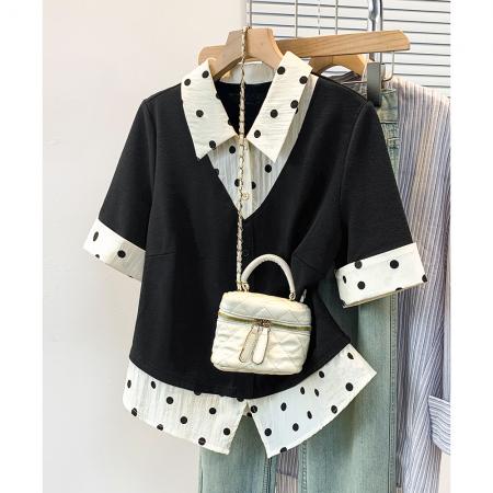 BY12957# 大码胖妹妹夏季新款复古波点时尚显瘦假两件针织衫上衣女 服裝批發女裝批發服飾貨源