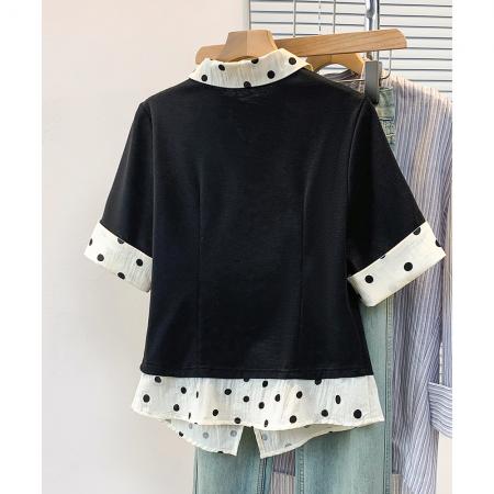 BY12957# 大码胖妹妹夏季新款复古波点时尚显瘦假两件针织衫上衣女 服裝批發女裝批發服飾貨源