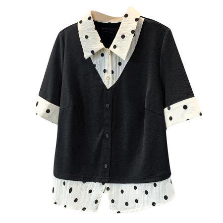 BY12957# 大码胖妹妹夏季新款复古波点时尚显瘦假两件针织衫上衣女 服裝批發女裝批發服飾貨源