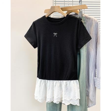 BY12958# 大码胖妹妹圆领短袖t恤女正肩新款花边下摆显瘦修身上衣 服裝批發女裝批發服飾貨源