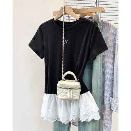 BY12958# 大码胖妹妹圆领短袖t恤女正肩新款花边下摆显瘦修身上衣 服裝批發女裝批發服飾貨源