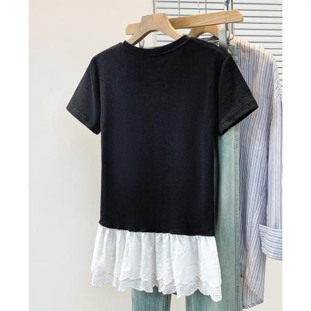 BY12958# 大码胖妹妹圆领短袖t恤女正肩新款花边下摆显瘦修身上衣 服裝批發女裝批發服飾貨源