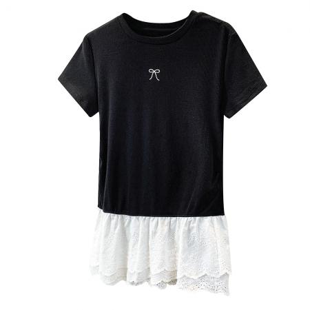 BY12958# 大码胖妹妹圆领短袖t恤女正肩新款花边下摆显瘦修身上衣 服裝批發女裝批發服飾貨源