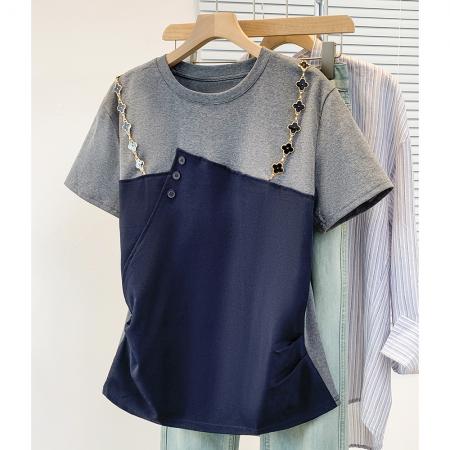 大码短袖T恤女夏季新款撞色拼接...