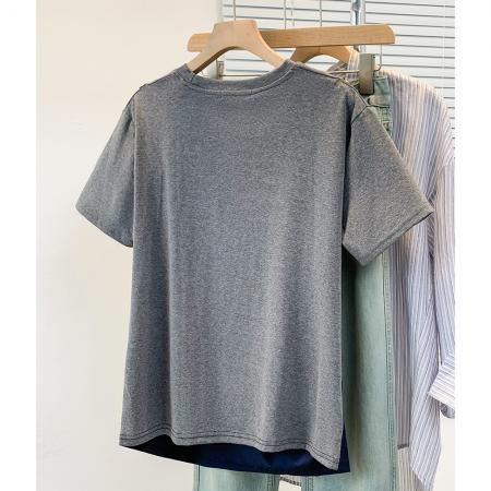 BY12959# 大码短袖T恤女夏季新款撞色拼接假两件百搭休闲时尚上衣 服裝批發女裝批發服飾貨源