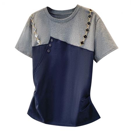 BY12959# 大码短袖T恤女夏季新款撞色拼接假两件百搭休闲时尚上衣 服裝批發女裝批發服飾貨源