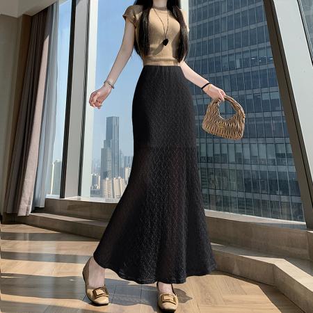 BY12962# 夏季新款蕾丝镂空性感后开叉高腰松紧垂坠感包臀鱼尾长裙 服裝批發女裝批發服飾貨源