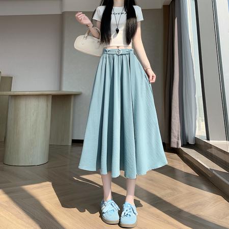 BY12963# 夏季新款高腰显瘦垂感大裙摆a字百褶半身裙伞裙配腰带 服裝批發女裝批發服飾貨源