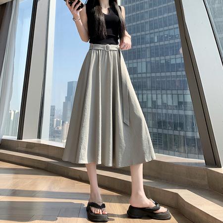BY12963# 夏季新款高腰显瘦垂感大裙摆a字百褶半身裙伞裙配腰带 服裝批發女裝批發服飾貨源