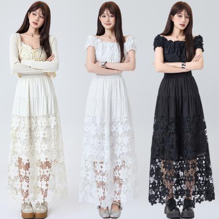 BY12964# 重工镂空钩花刺绣半身裙女高腰显瘦垂感A字中长款蛋糕裙 服裝批發女裝批發服飾貨源