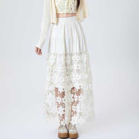 BY12964# 重工镂空钩花刺绣半身裙女高腰显瘦垂感A字中长款蛋糕裙 服裝批發女裝批發服飾貨源