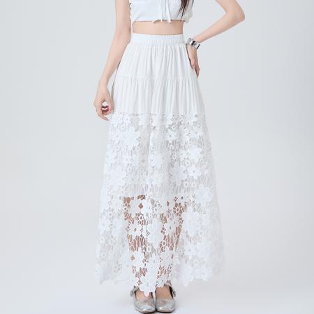 BY12964# 重工镂空钩花刺绣半身裙女高腰显瘦垂感A字中长款蛋糕裙 服裝批發女裝批發服飾貨源