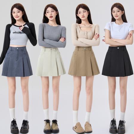 BY12965# 洗水牛仔百褶半身裙女春夏新款高腰显瘦防走光A字短裙 服裝批發女裝批發服飾貨源