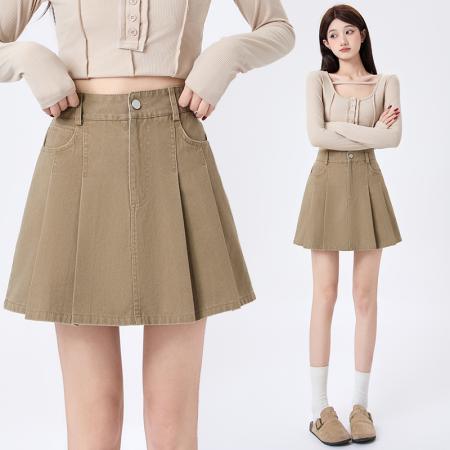 BY12965# 洗水牛仔百褶半身裙女春夏新款高腰显瘦防走光A字短裙 服裝批發女裝批發服飾貨源