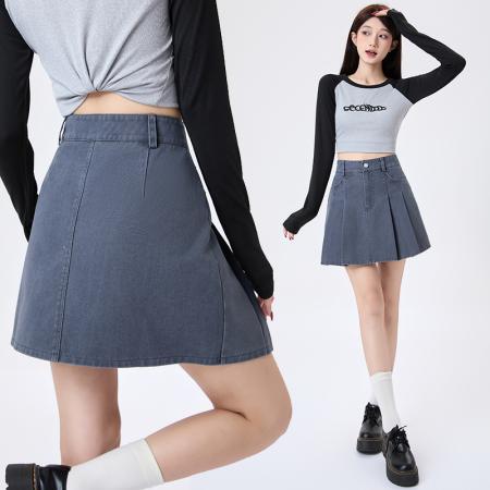 BY12965# 洗水牛仔百褶半身裙女春夏新款高腰显瘦防走光A字短裙 服裝批發女裝批發服飾貨源