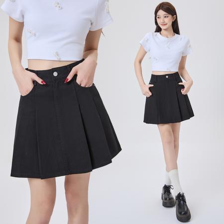 BY12965# 洗水牛仔百褶半身裙女春夏新款高腰显瘦防走光A字短裙 服裝批發女裝批發服飾貨源