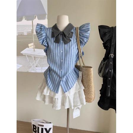 BY12967# 学院风小飞袖蛋糕裙套装女夏季T恤上衣+蓬蓬半身裙小众别致两件套 服裝批發女裝批發服飾貨源