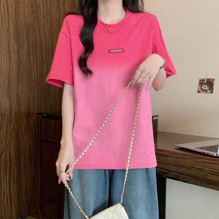 BY12968# 纯棉+后包边粉色渐变短袖t恤女重工烫钻美式宽松 服裝批發女裝批發服飾貨源