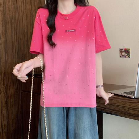 BY12968# 纯棉+后包边粉色渐变短袖t恤女重工烫钻美式宽松 服裝批發女裝批發服飾貨源