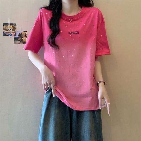 BY12968# 纯棉+后包边粉色渐变短袖t恤女重工烫钻美式宽松 服裝批發女裝批發服飾貨源