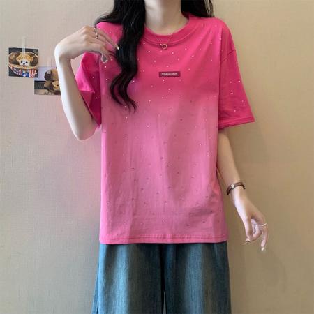 BY12968# 纯棉+后包边粉色渐变短袖t恤女重工烫钻美式宽松 服裝批發女裝批發服飾貨源