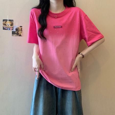 BY12968# 纯棉+后包边粉色渐变短袖t恤女重工烫钻美式宽松 服裝批發女裝批發服飾貨源