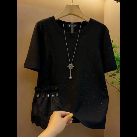 BY12969# 40支纯棉特大码300斤蕾丝拼接亮晶晶设计上衣T恤短袖韩版宽松女 服裝批發女裝批發服飾貨源