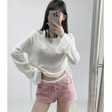 新款薄款一字肩针织衫辣妹宽松短款抽绳绑带喇叭长袖上衣防晒罩衫 服裝批發女裝批發服飾貨源