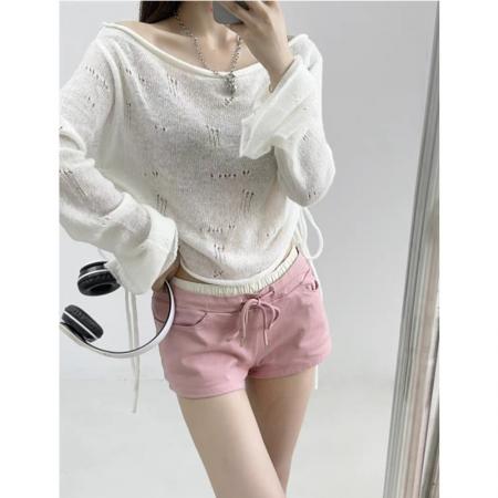 BY12970# 新款薄款一字肩针织衫辣妹宽松短款抽绳绑带喇叭长袖上衣防晒罩衫 服裝批發女裝批發服飾貨源