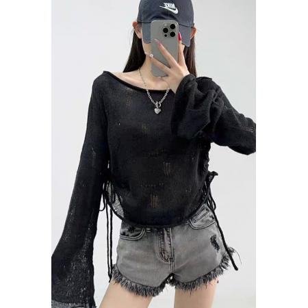 BY12970# 新款薄款一字肩针织衫辣妹宽松短款抽绳绑带喇叭长袖上衣防晒罩衫 服裝批發女裝批發服飾貨源