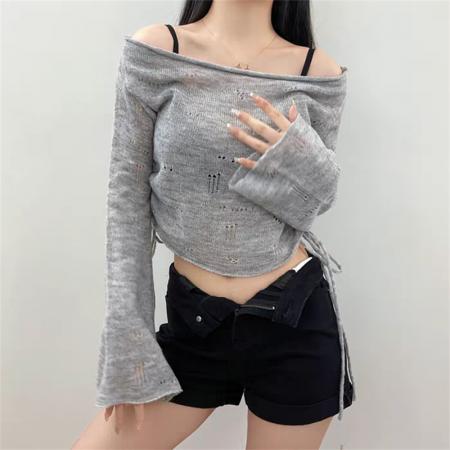 BY12970# 新款薄款一字肩针织衫辣妹宽松短款抽绳绑带喇叭长袖上衣防晒罩衫 服裝批發女裝批發服飾貨源