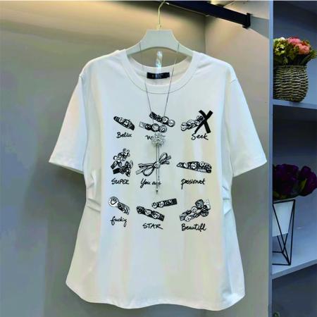 BY12971# 原版质量特大码300斤前片印花纯色圆领短袖T恤上衣女 服裝批發女裝批發服飾貨源