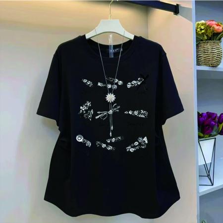 BY12971# 原版质量特大码300斤前片印花纯色圆领短袖T恤上衣女 服裝批發女裝批發服飾貨源