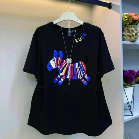 BY12972# 原版质量特大码300斤小马印花纯色圆领短袖T恤上衣女 服裝批發女裝批發服飾貨源