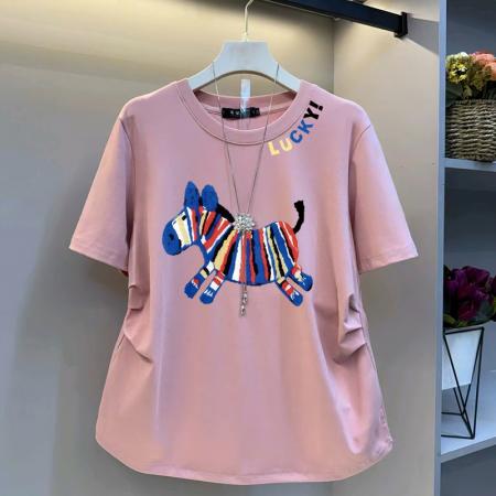 BY12972# 原版质量特大码300斤小马印花纯色圆领短袖T恤上衣女 服裝批發女裝批發服飾貨源