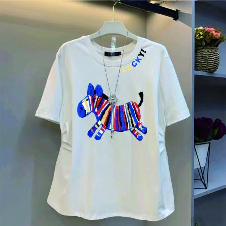 BY12972# 原版质量特大码300斤小马印花纯色圆领短袖T恤上衣女 服裝批發女裝批發服飾貨源