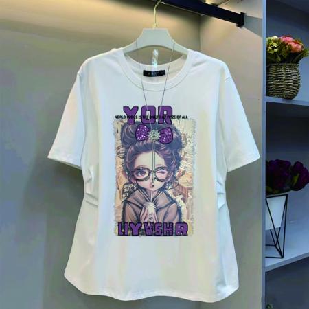 BY12973# 原版质量特大码300斤前片印花粉色圆领短袖T恤上衣女 服裝批發女裝批發服飾貨源