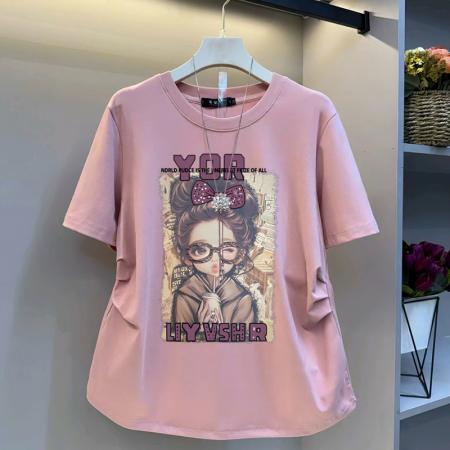 BY12973# 原版质量特大码300斤前片印花粉色圆领短袖T恤上衣女 服裝批發女裝批發服飾貨源