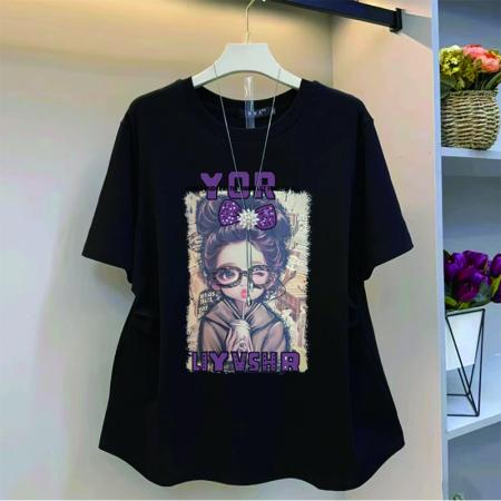 BY12973# 原版质量特大码300斤前片印花粉色圆领短袖T恤上衣女 服裝批發女裝批發服飾貨源