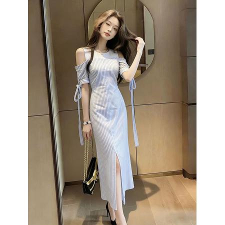 BY12974# 法式御姐气质名媛女神范长裙高端精致简单大方得体条纹连衣裙夏季 服裝批發女裝批發服飾貨源