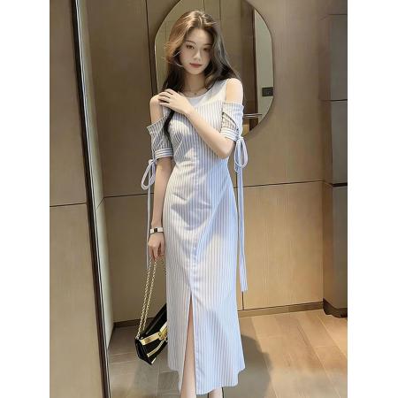 BY12974# 法式御姐气质名媛女神范长裙高端精致简单大方得体条纹连衣裙夏季 服裝批發女裝批發服飾貨源