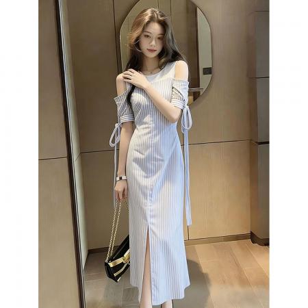 BY12974# 法式御姐气质名媛女神范长裙高端精致简单大方得体条纹连衣裙夏季 服裝批發女裝批發服飾貨源