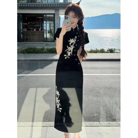 BY12975# 新中式气质国风黑色短袖连衣裙夏季新款旗袍收腰长裙裙子女装 服裝批發女裝批發服飾貨源