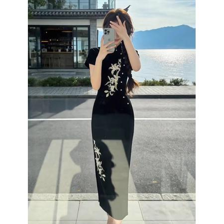 BY12975# 新中式气质国风黑色短袖连衣裙夏季新款旗袍收腰长裙裙子女装 服裝批發女裝批發服飾貨源