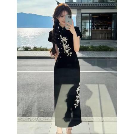 BY12975# 新中式气质国风黑色短袖连衣裙夏季新款旗袍收腰长裙裙子女装 服裝批發女裝批發服飾貨源