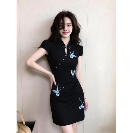 BY12976# 新中式国风蝴蝶刺绣连衣裙女夏季高级感修身显瘦改良旗袍 服裝批發女裝批發服飾貨源